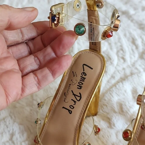 Dainty Minimal Gold Heels With Colorful Stones On Straps - Picture 6 of 14